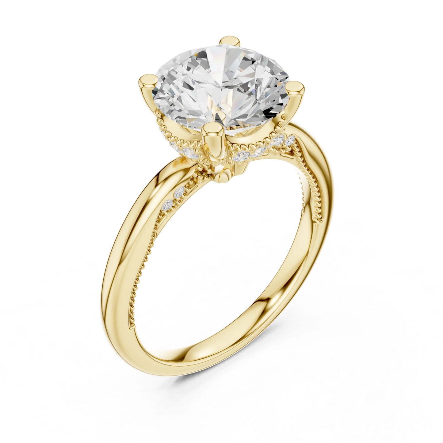 Front view of yellow gold round cut solitaire ring with hidden halo and domed band and lab-created diamond
