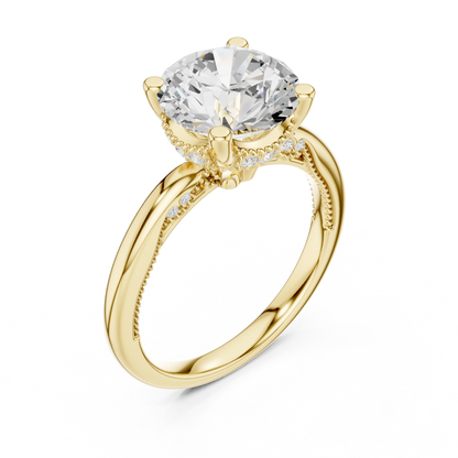 Front view of yellow gold round cut solitaire ring with hidden halo and domed band and lab-created diamond