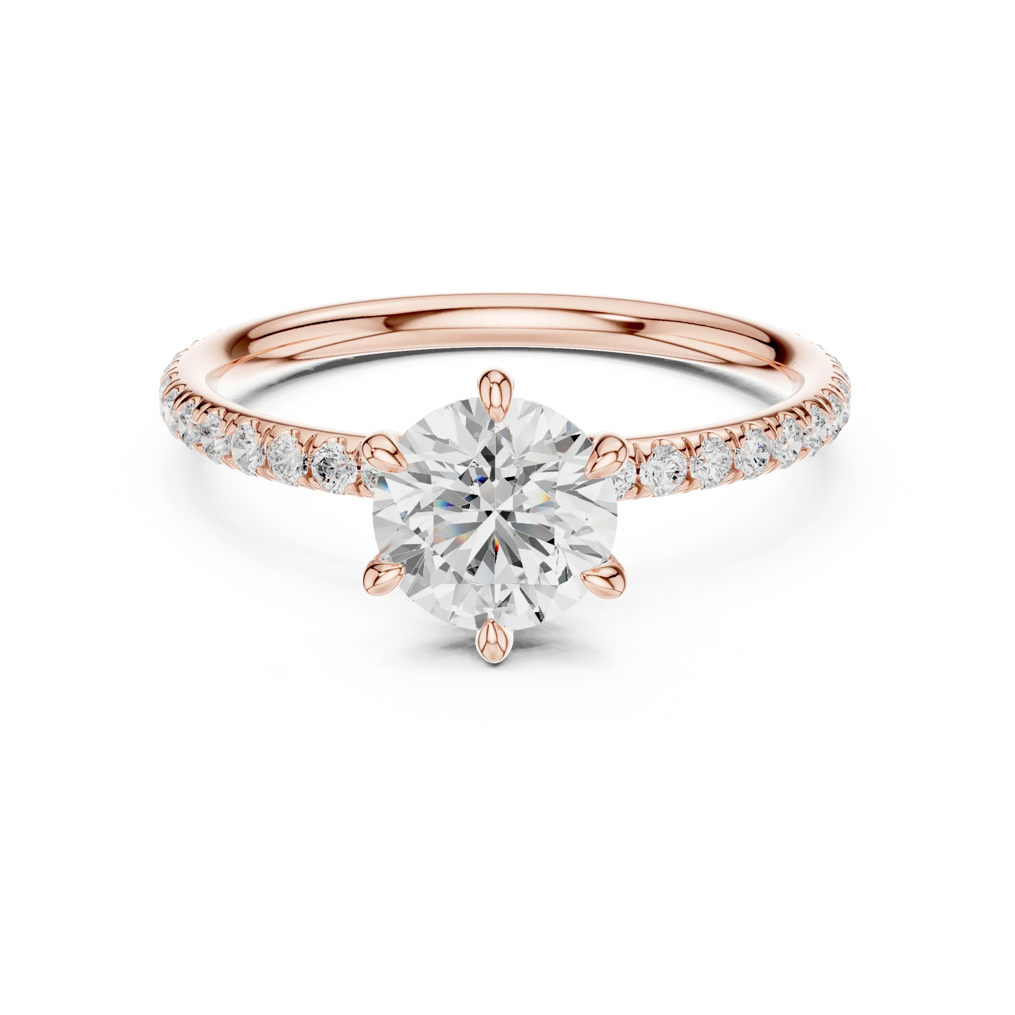 Lab-grown round cut solitaire ring in rose gold with thin pavé diamond band