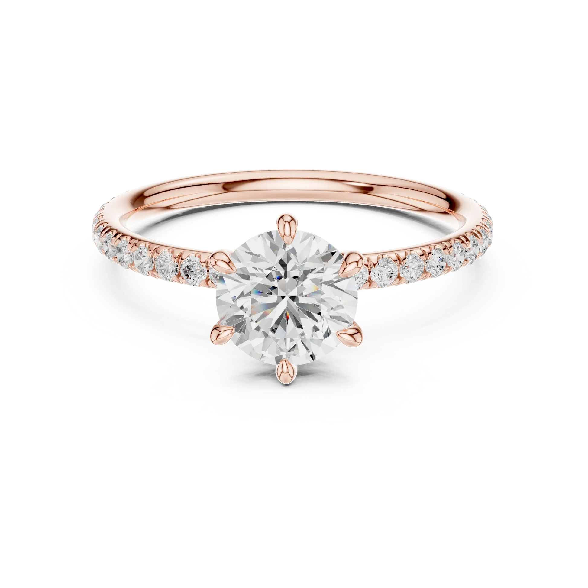Lab-grown round cut solitaire ring in rose gold with thin pavé diamond band