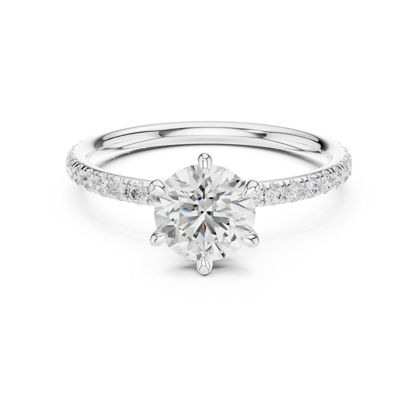 Lab-grown round cut solitaire ring in white gold with thin pavé diamond band