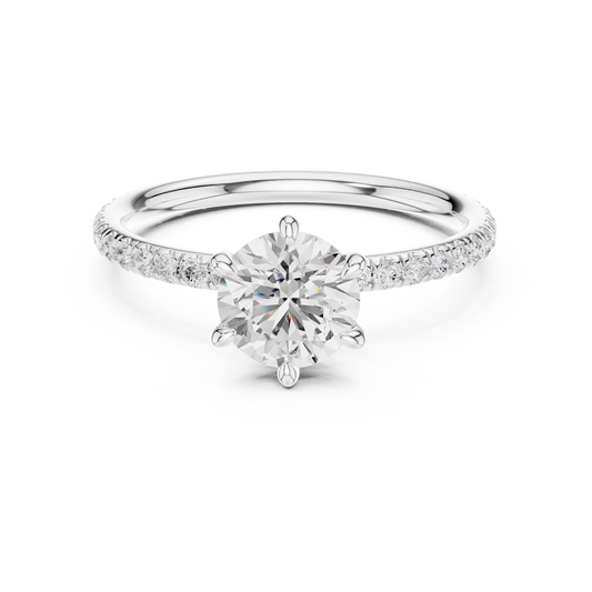 Lab-grown round cut solitaire ring in white gold with thin pavé diamond band