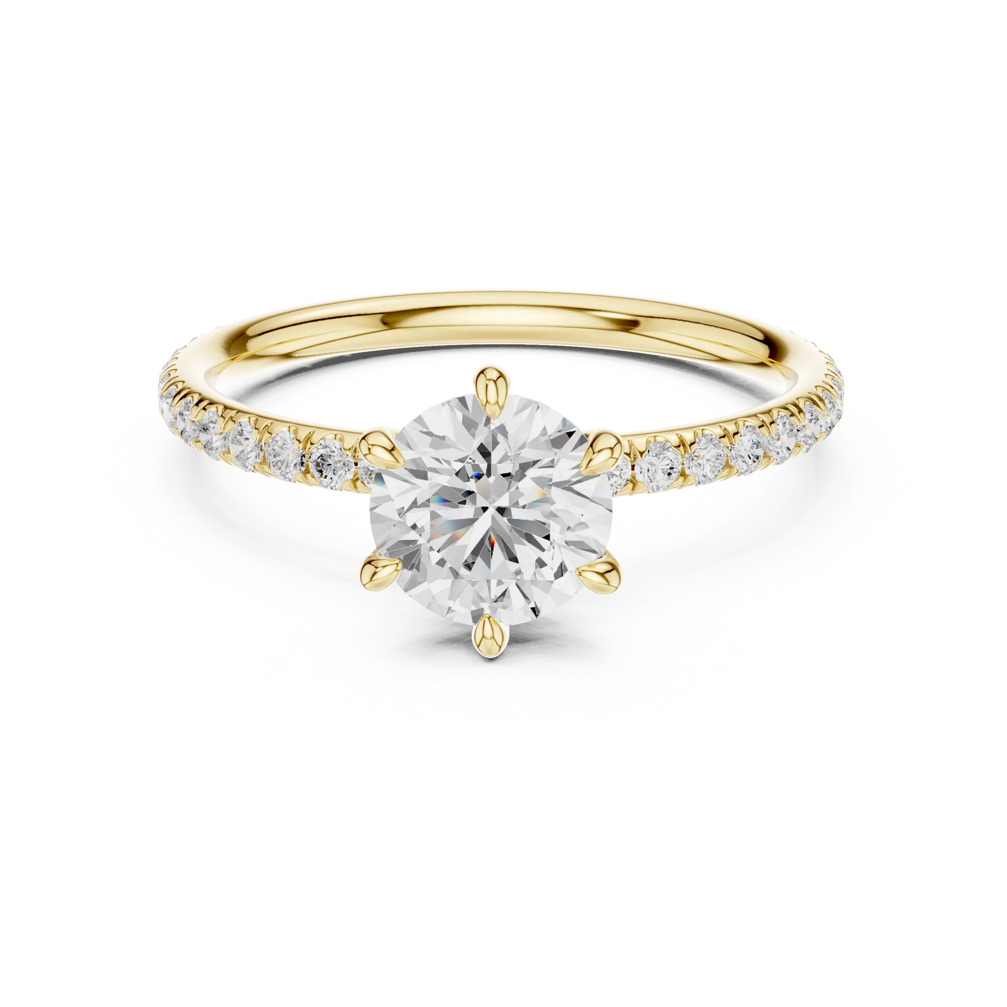 Lab-grown round cut solitaire ring in yellow gold with thin pavé diamond band