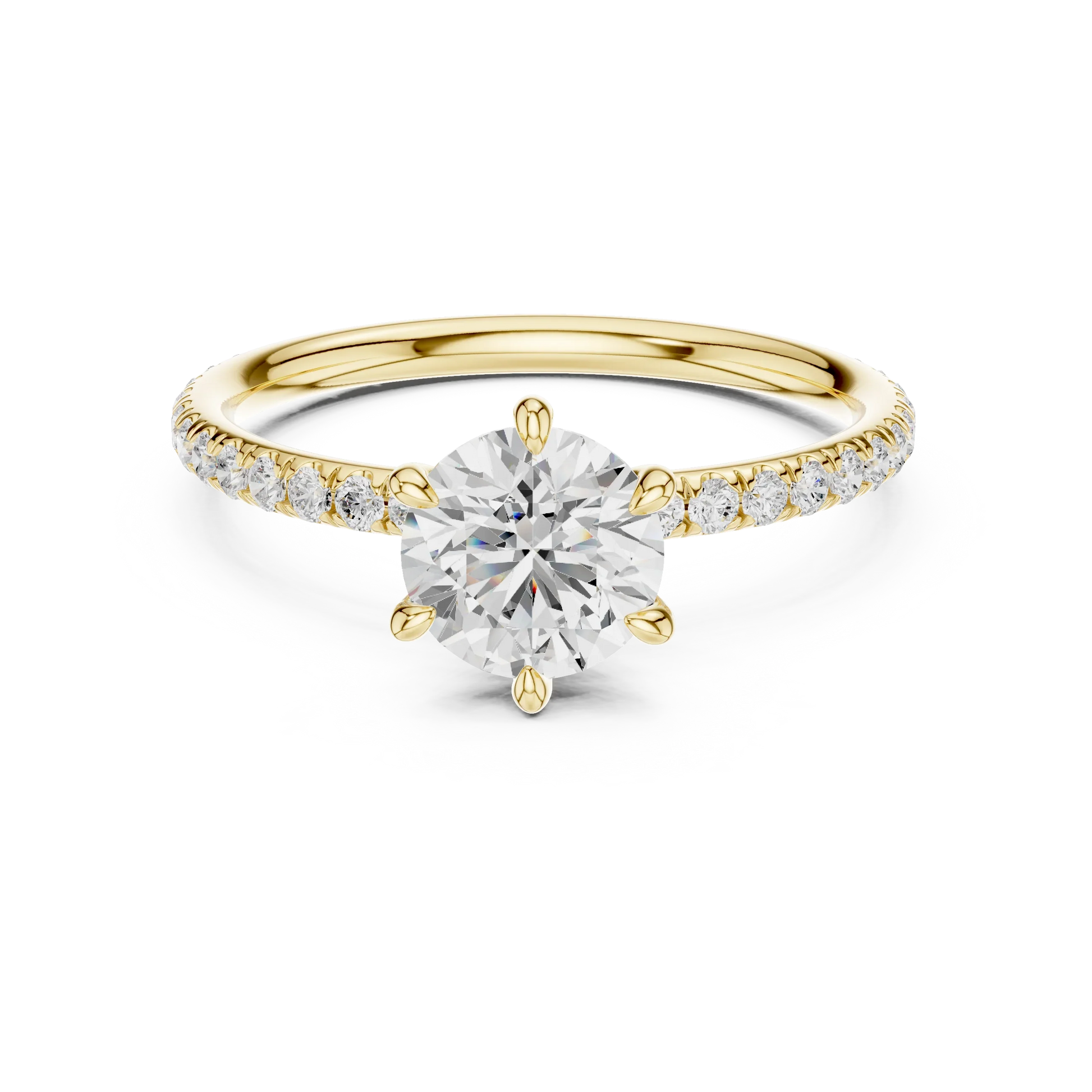 Lab-grown round cut solitaire ring in yellow gold with thin pavé diamond band