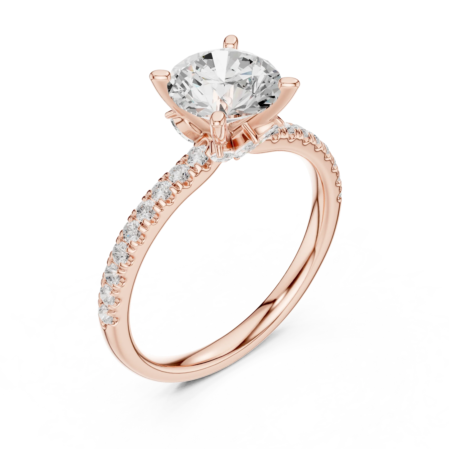 Front view of rose gold round solitaire ring with pave diamond band and lab-grown diamond – Australia