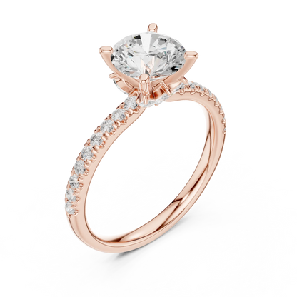 Front view of rose gold round solitaire ring with pave diamond band and lab-grown diamond – Australia