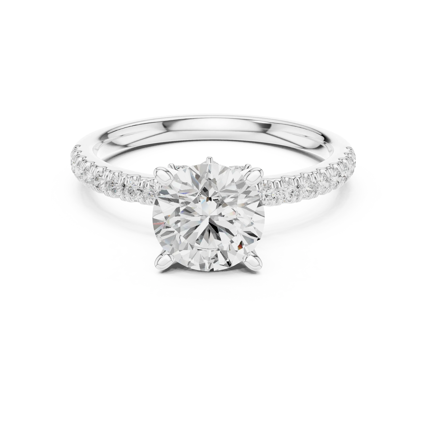 Round solitaire ring in white gold with pave diamond band and lab-grown diamond – Australia