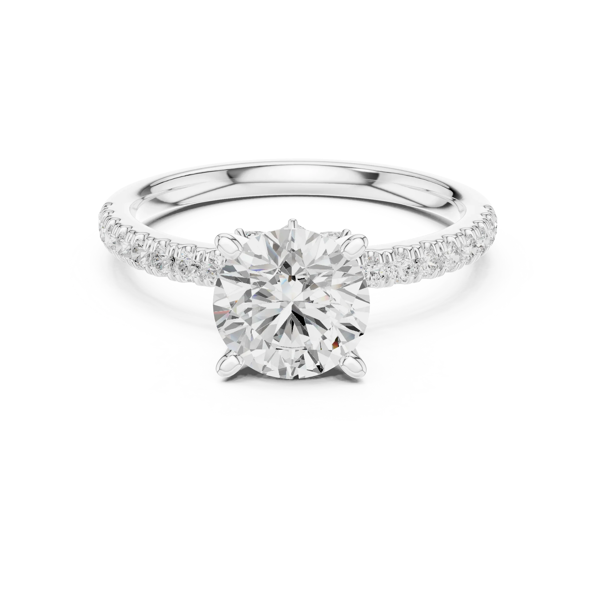 Round solitaire ring in white gold with pave diamond band and lab-grown diamond – Australia