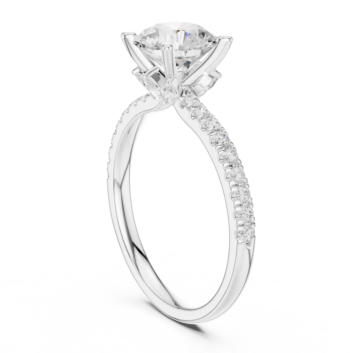 Back view of white gold round solitaire ring with pave diamond band and lab-grown diamond – Australia