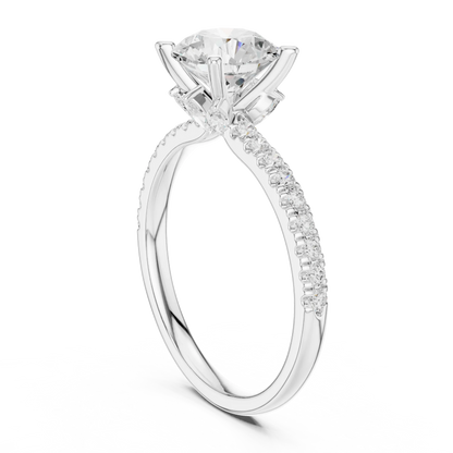 Back view of white gold round solitaire ring with pave diamond band and lab-grown diamond – Australia