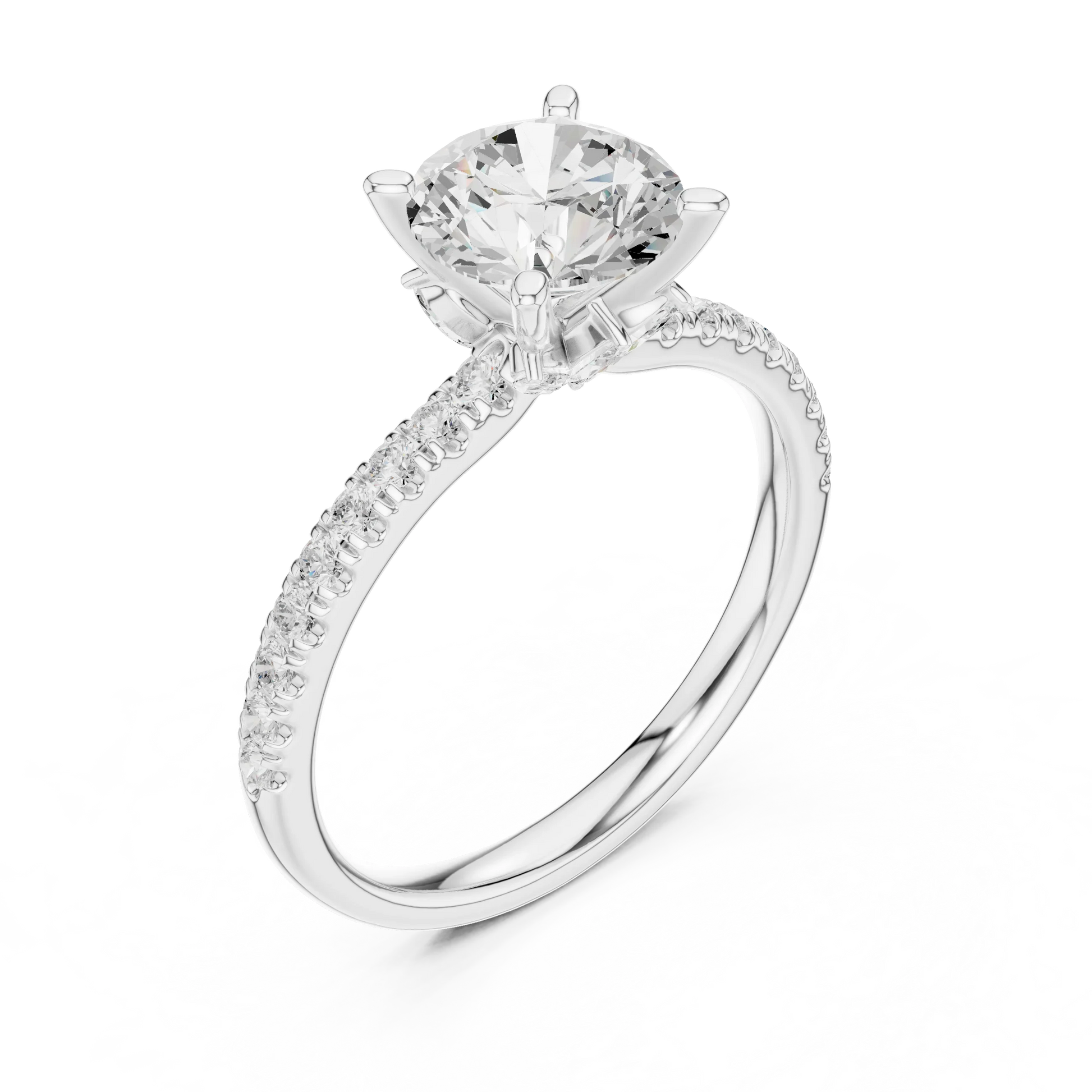Front view of white gold round solitaire ring with pave diamond band and lab-grown diamond – Australia