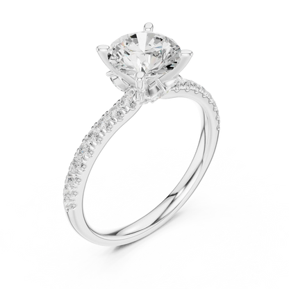Front view of white gold round solitaire ring with pave diamond band and lab-grown diamond – Australia