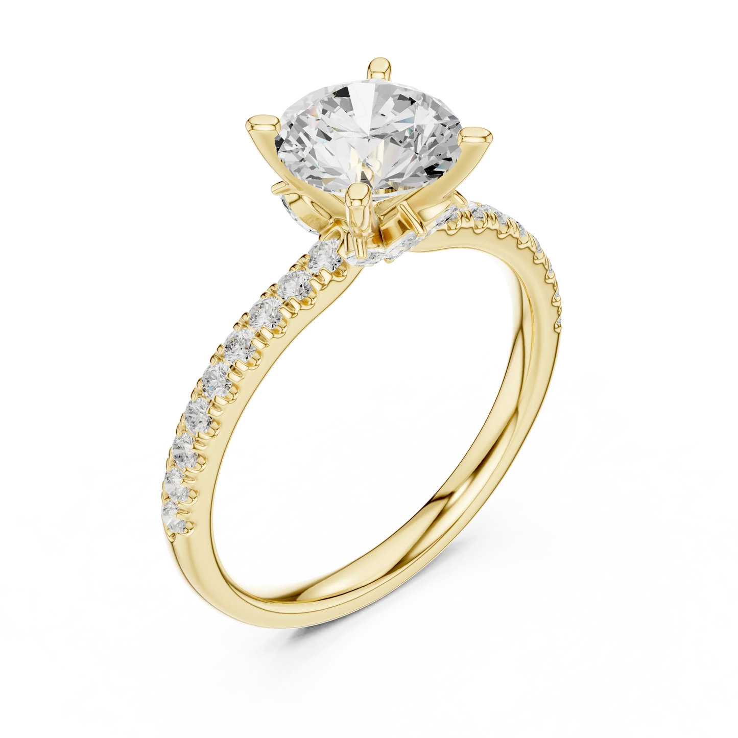Front view of yellow gold round solitaire ring with pave diamond band and lab-grown diamond – Australia