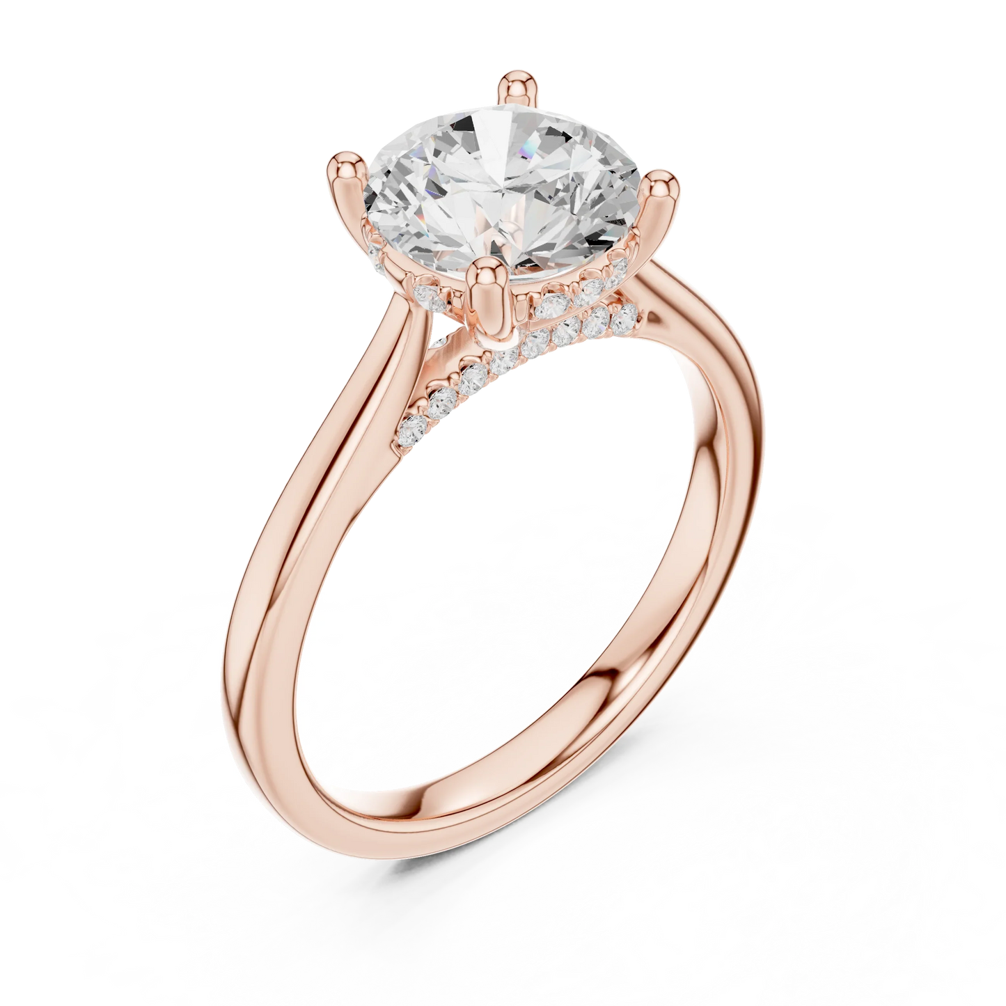 Front view of rose gold round solitaire ring with plain domed band and lab-grown diamond – Australia