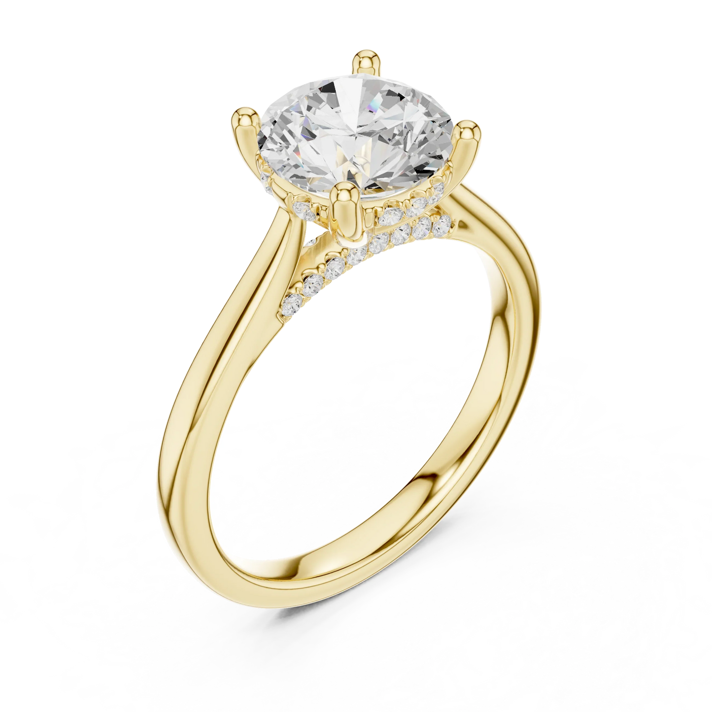 Front view of yellow gold round solitaire ring with plain domed band and lab-grown diamond – Australia