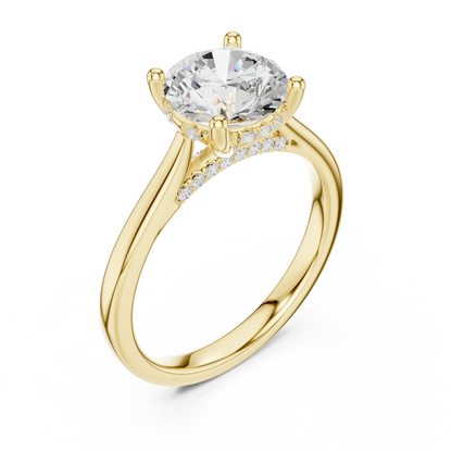 Front view of yellow gold round solitaire ring with plain domed band and lab-grown diamond – Australia