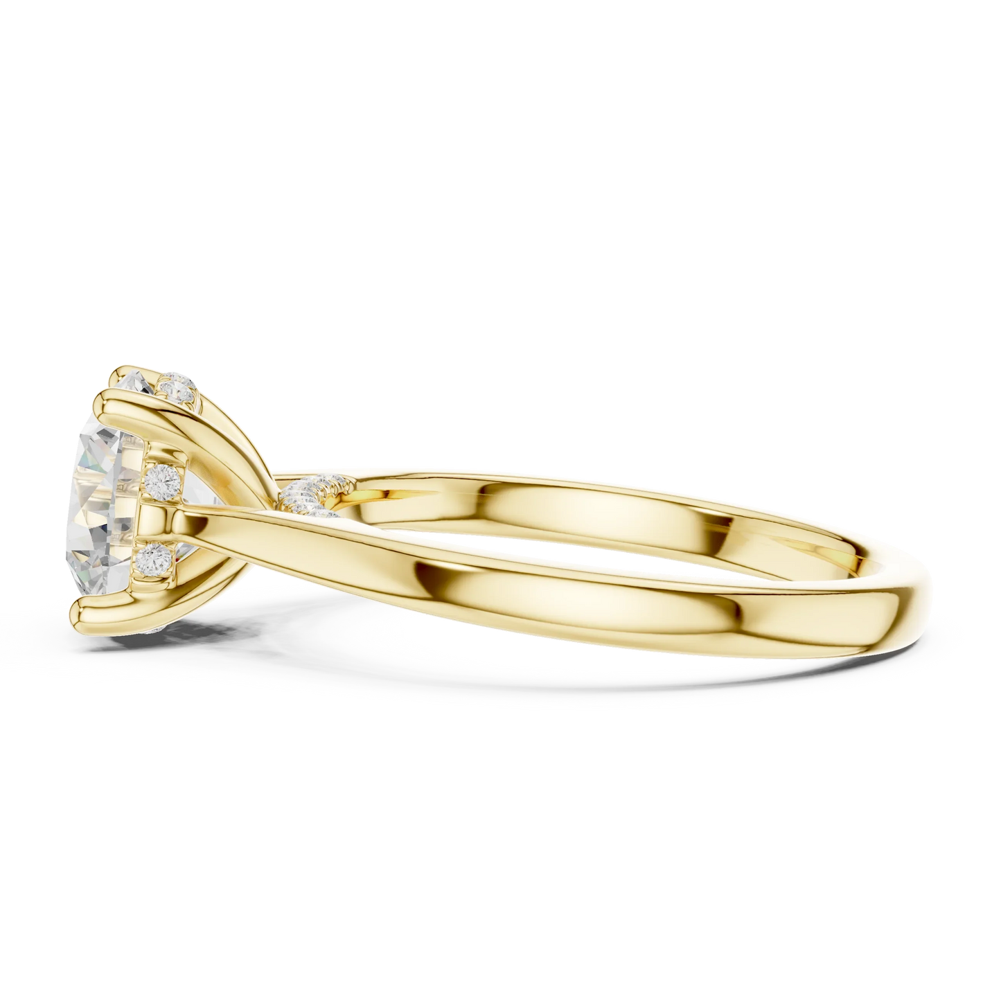 Side view of yellow gold round solitaire ring with plain domed band and lab-grown diamond – Australia
