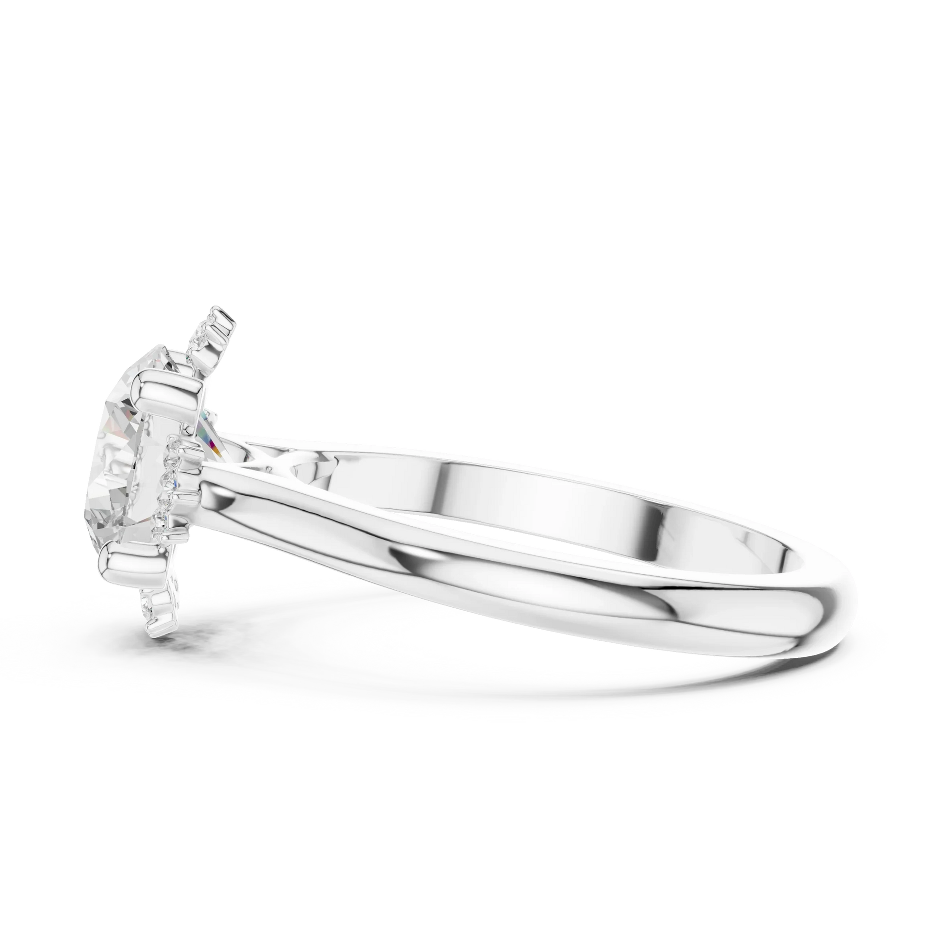 Side view of white gold round starburst cluster halo ring with plain domed band and lab-grown diamond 鈥?Australia