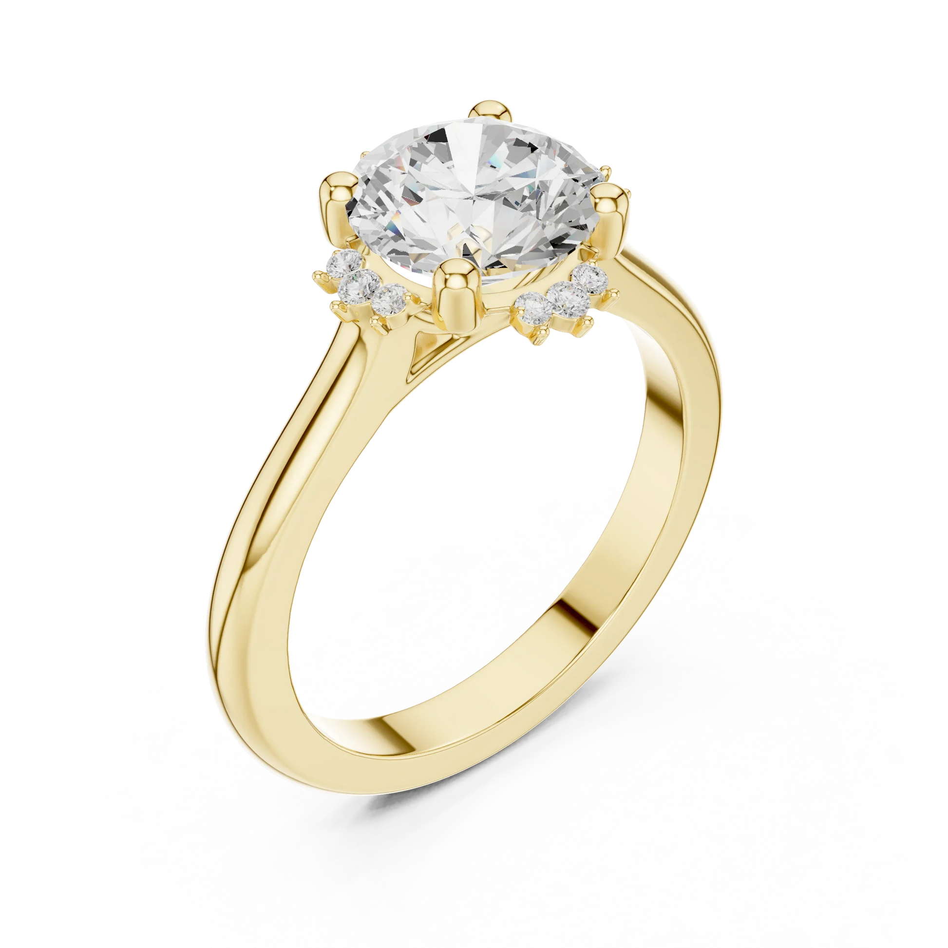 Front view of yellow gold round starburst cluster halo ring with plain domed band and lab-grown diamond 鈥?Australia