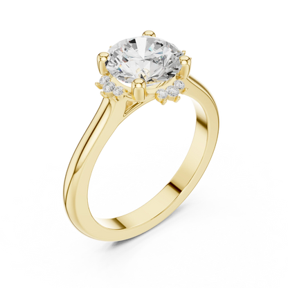 Front view of yellow gold round starburst cluster halo ring with plain domed band and lab-grown diamond 鈥?Australia