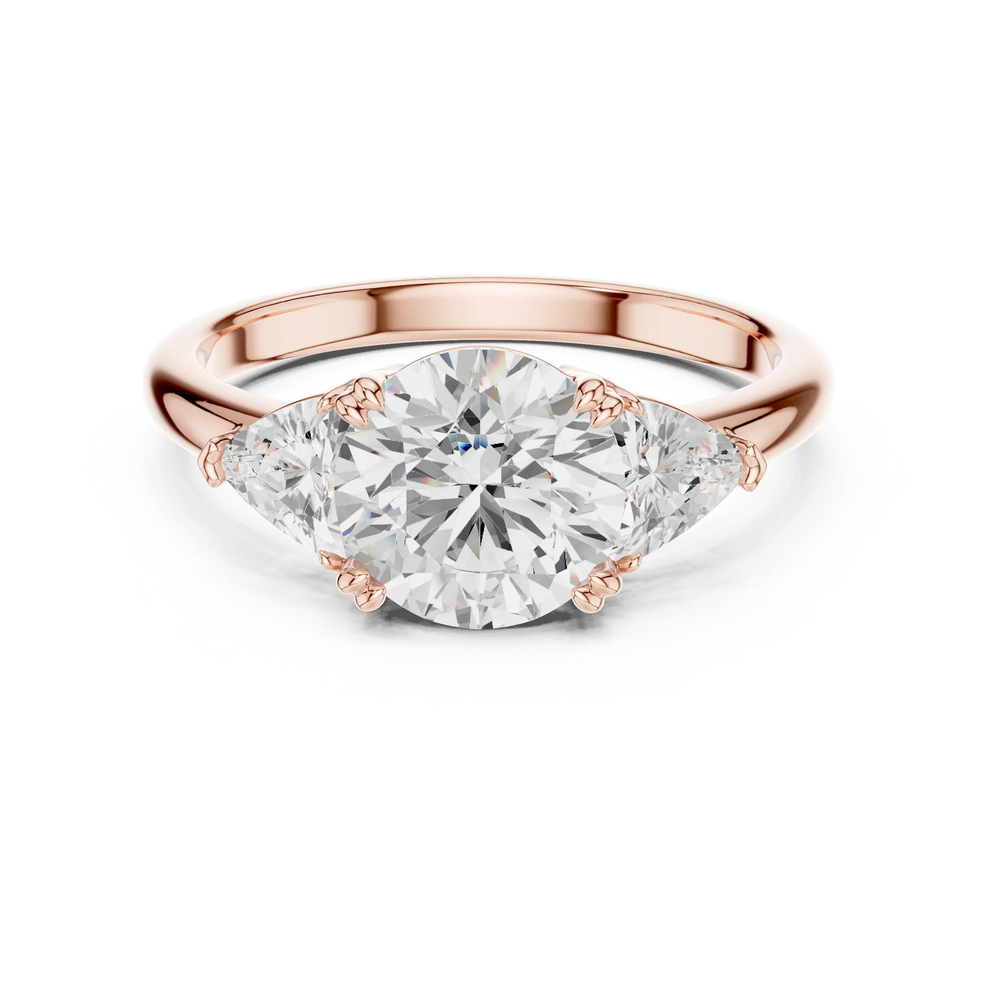 Round three-stone ring in rose gold with trillion cut side stones and lab-grown diamond 鈥?Australia