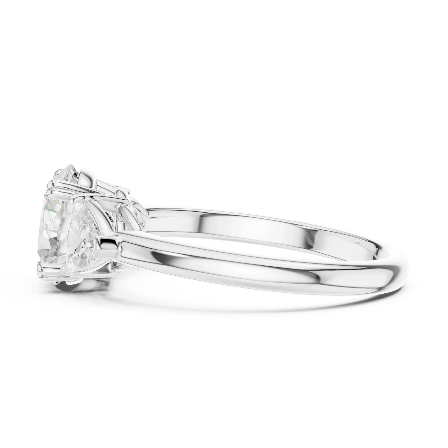 Side view of white gold round three-stone ring with trillion cut side stones and lab-grown diamond 鈥?Australia