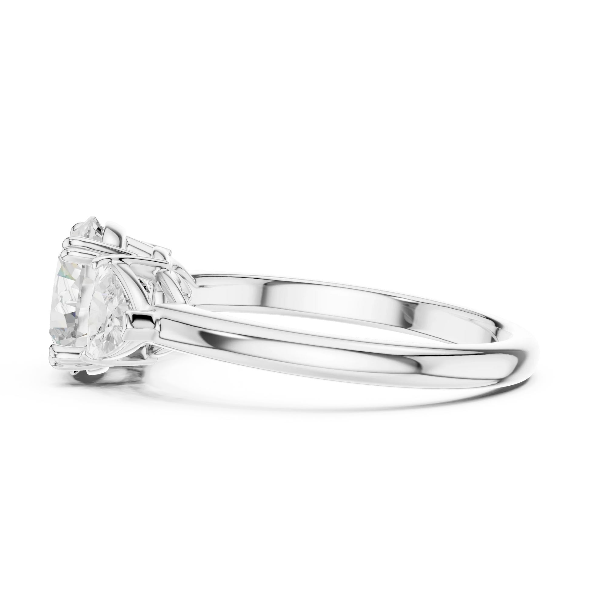 Side view of white gold round three-stone ring with trillion cut side stones and lab-grown diamond 鈥?Australia