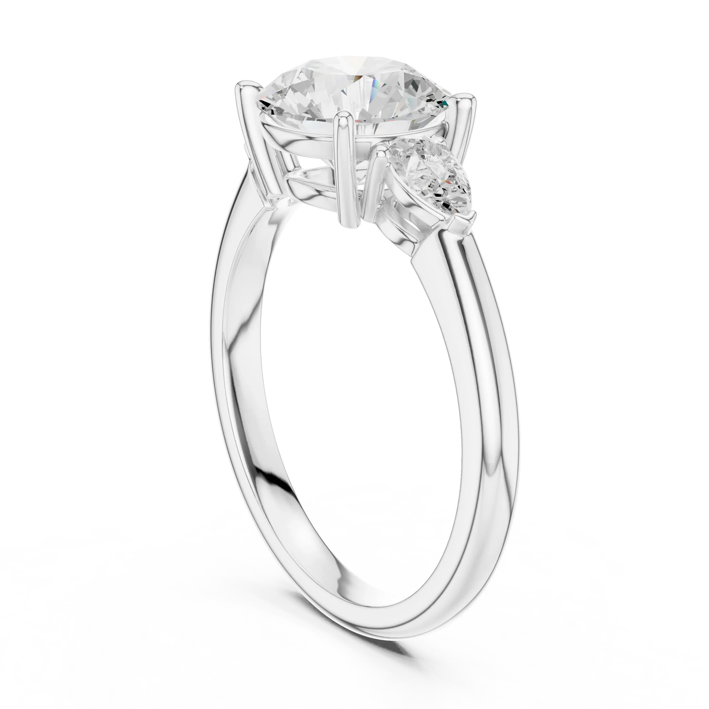 Back side view of white gold round three-stone ring with pear side stones and lab-grown diamond 鈥?Australia