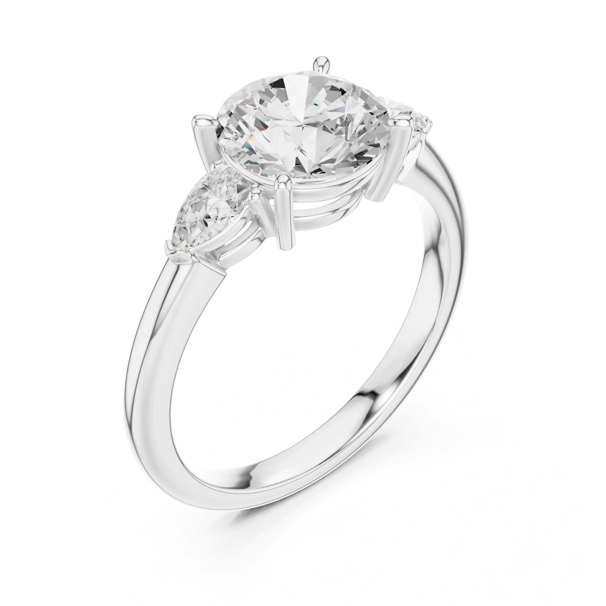 Front view of white gold round three-stone ring with pear side stones and lab-grown diamond 鈥?Australia