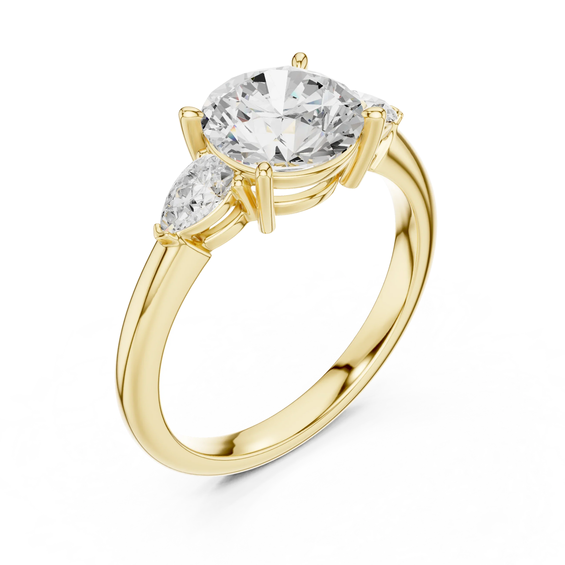 Front view of yellow gold round three-stone ring with pear side stones and lab-grown diamond 鈥?Australia