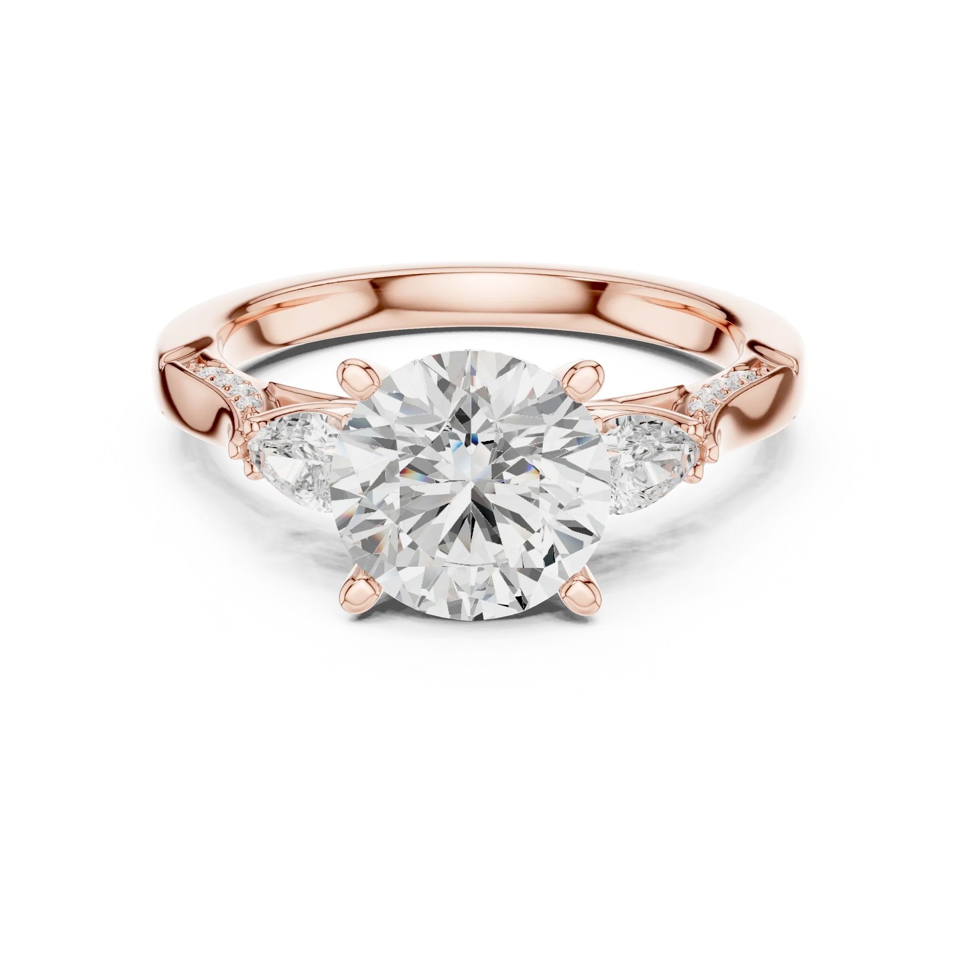 Round three stone ring in rose gold with pear side stones, pave accents and lab-grown diamonds – Australia