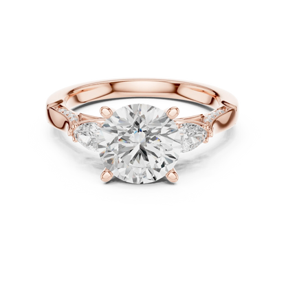 Round three stone ring in rose gold with pear side stones, pave accents and lab-grown diamonds – Australia