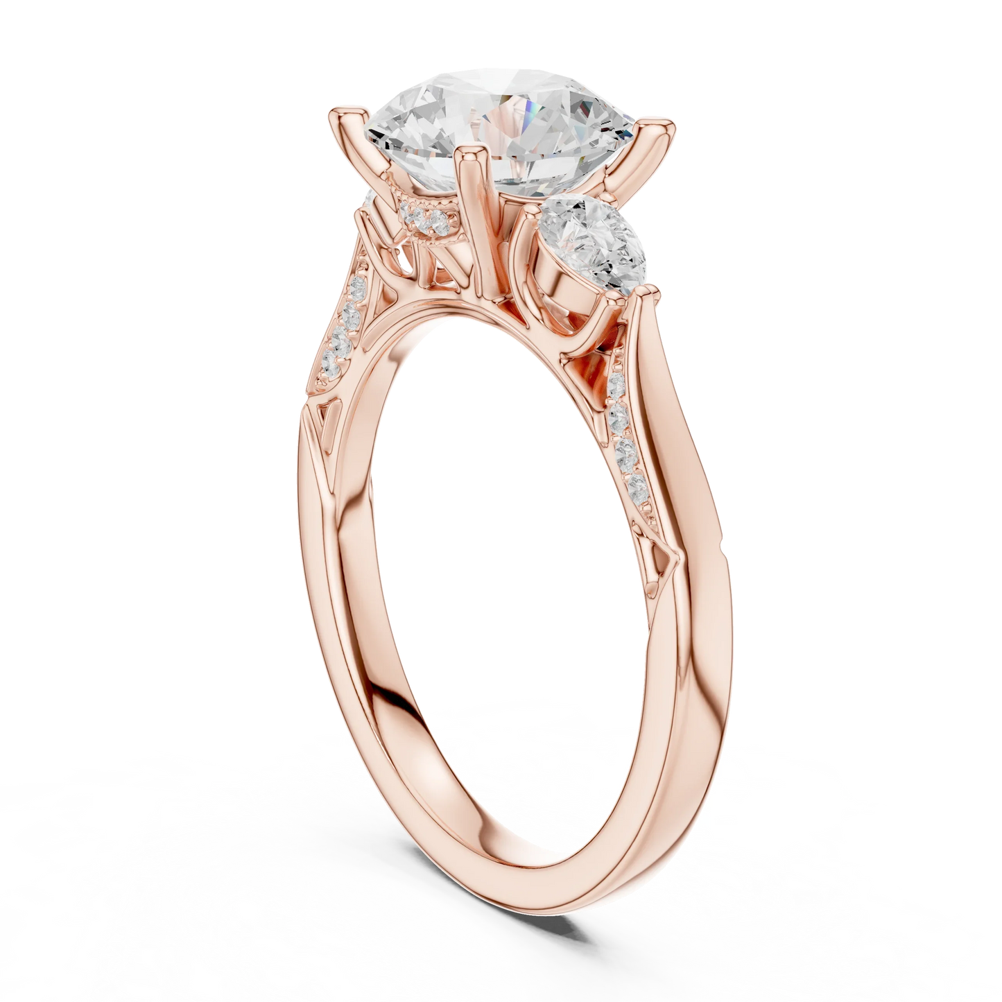 Back view of rose gold round three stone ring with pear side stones, pave accents and lab-grown diamonds – Australia
