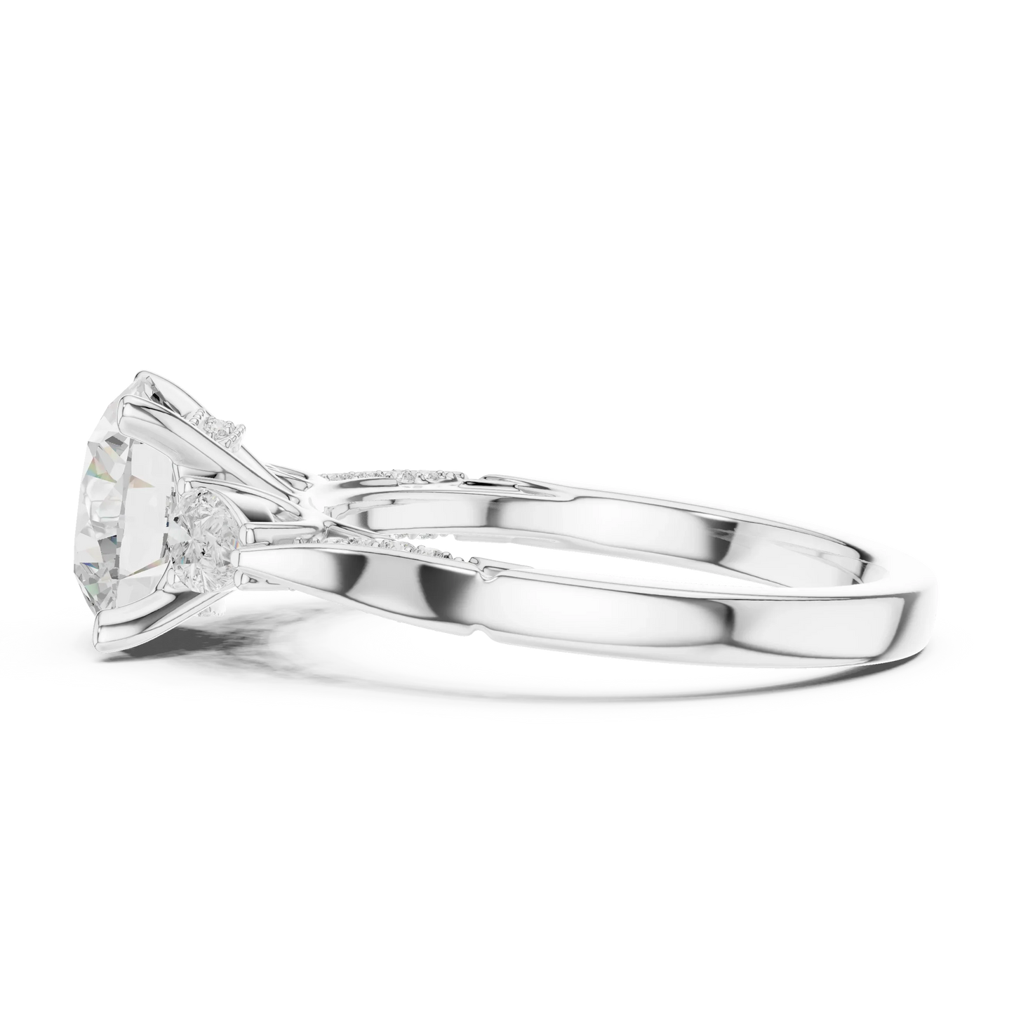 Side view of white gold round three stone ring with pear side stones, pave accents and lab-grown diamonds – Australia