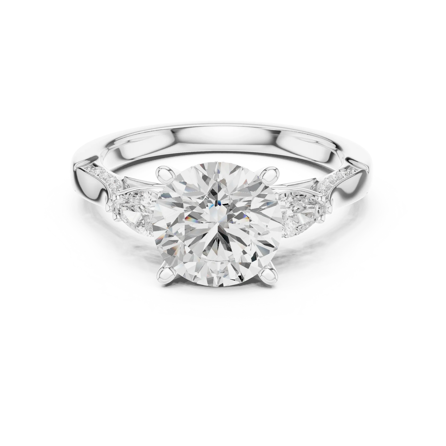 Round three stone ring in white gold with pear side stones, pave accents and lab-grown diamonds – Australia