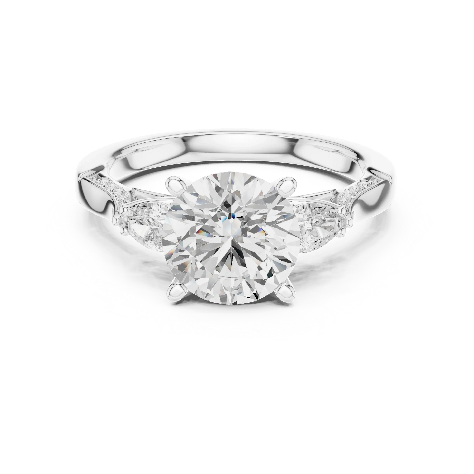 Round three stone ring in white gold with pear side stones, pave accents and lab-grown diamonds – Australia