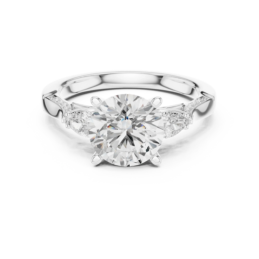Round three stone ring in white gold with pear side stones, pave accents and lab-grown diamonds – Australia