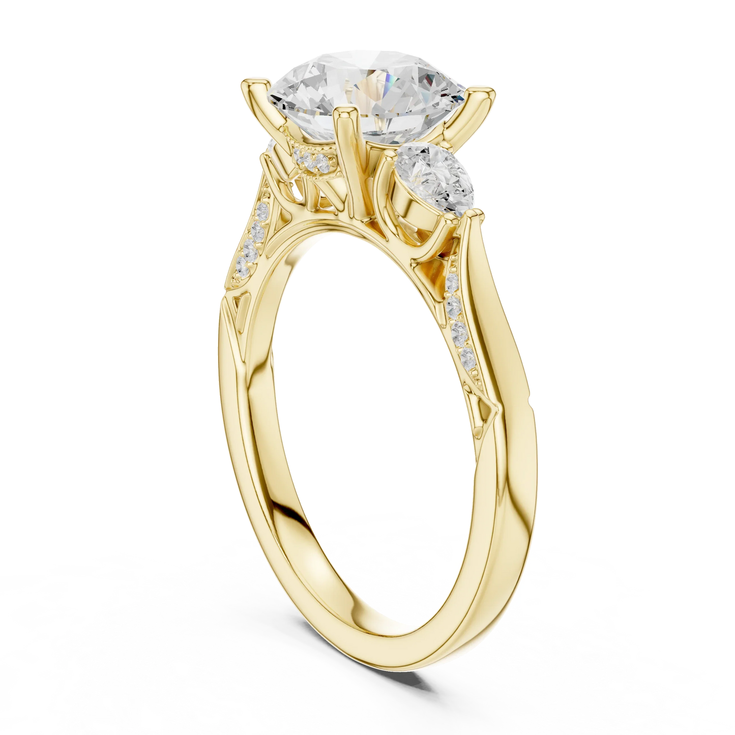 Back view of yellow gold round three stone ring with pear side stones, pave accents and lab-grown diamonds – Australia