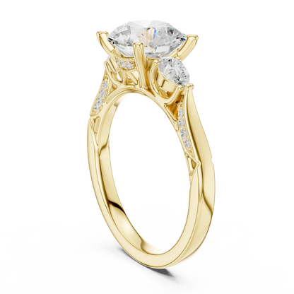 Back view of yellow gold round three stone ring with pear side stones, pave accents and lab-grown diamonds – Australia