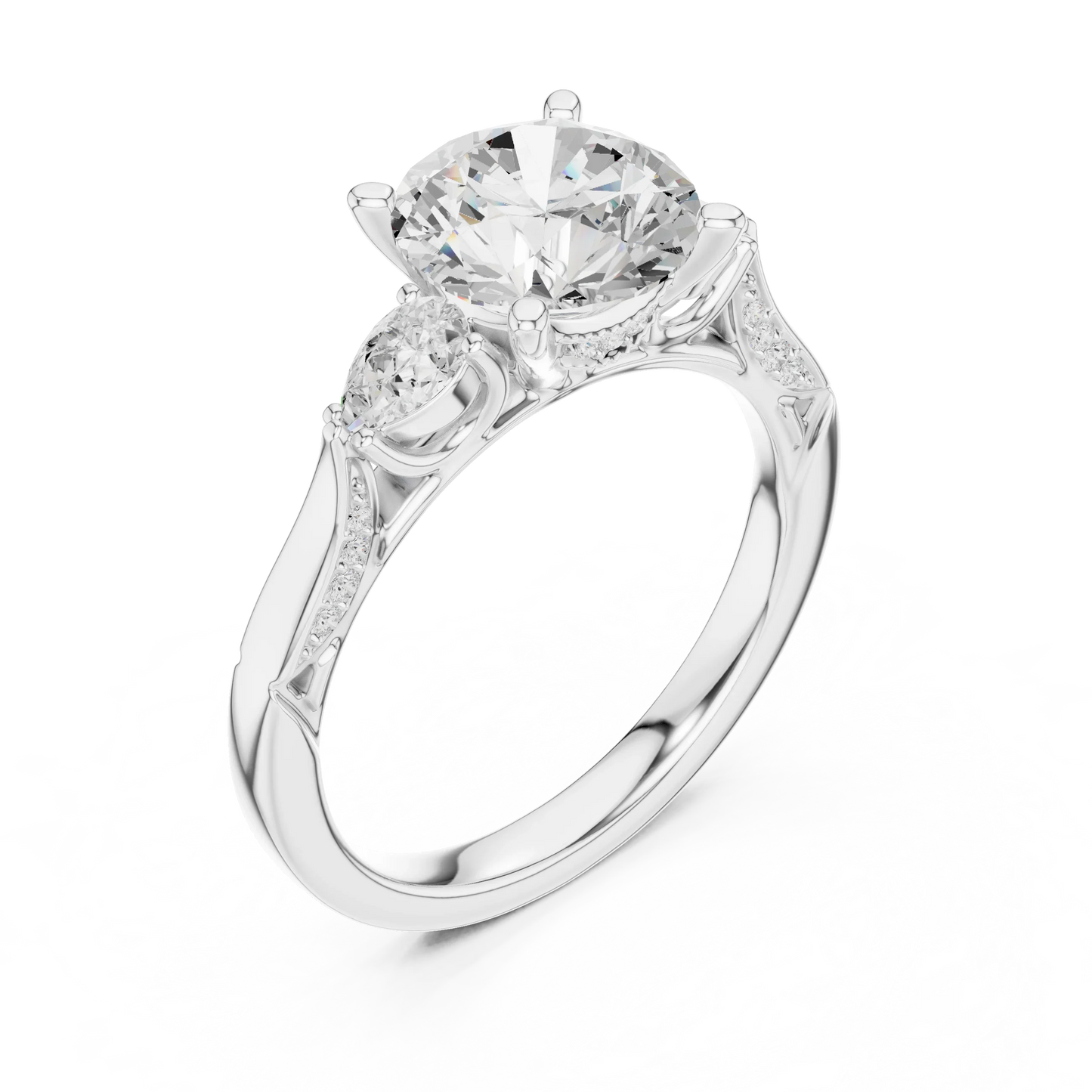 Front view of white gold round three stone ring with pear side stones, pave accents and lab-grown diamonds – Australia