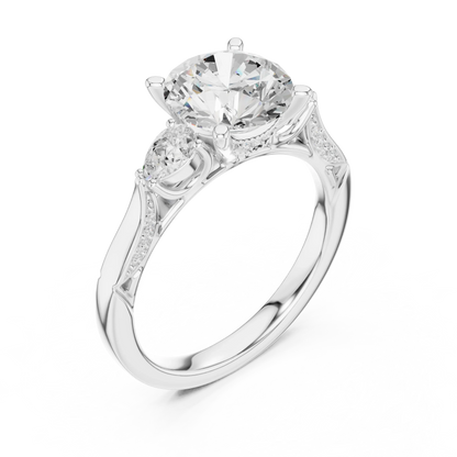 Front view of white gold round three stone ring with pear side stones, pave accents and lab-grown diamonds – Australia