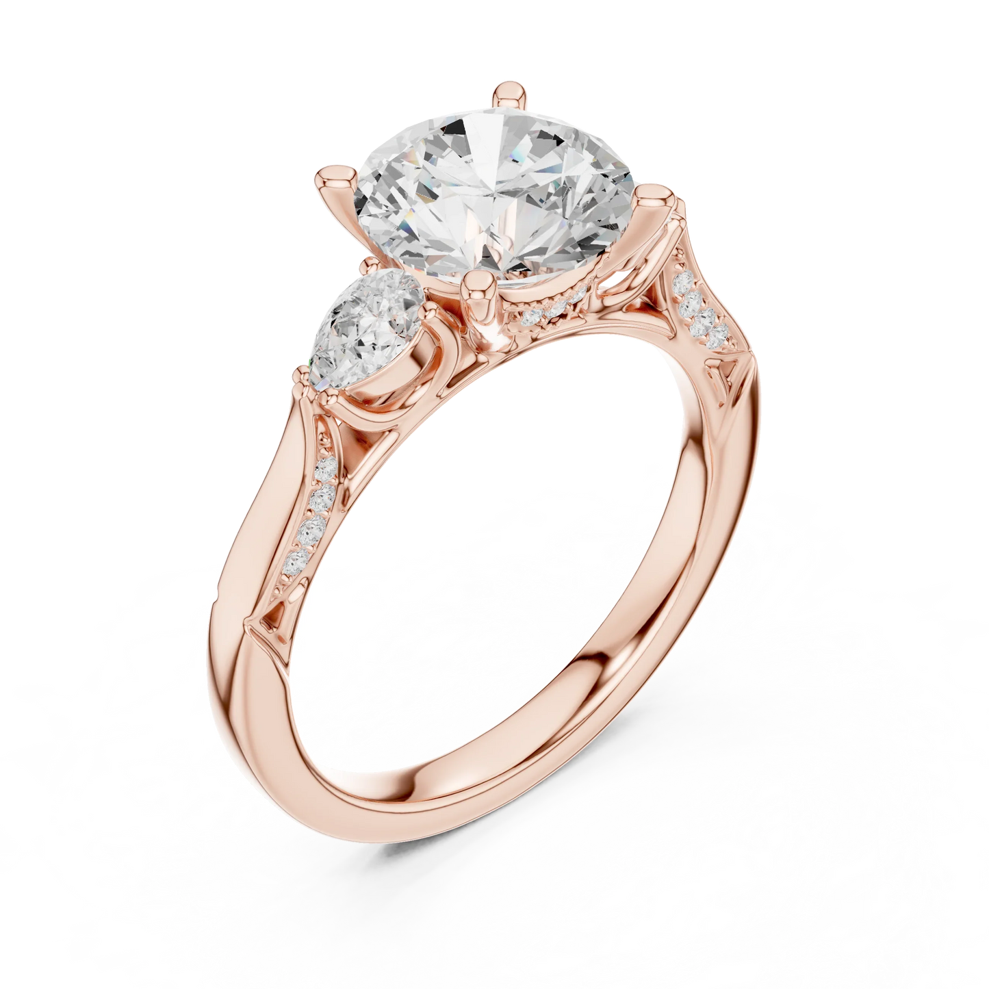 Front view of rose gold round three stone ring with pear side stones, pave accents and lab-grown diamonds – Australia