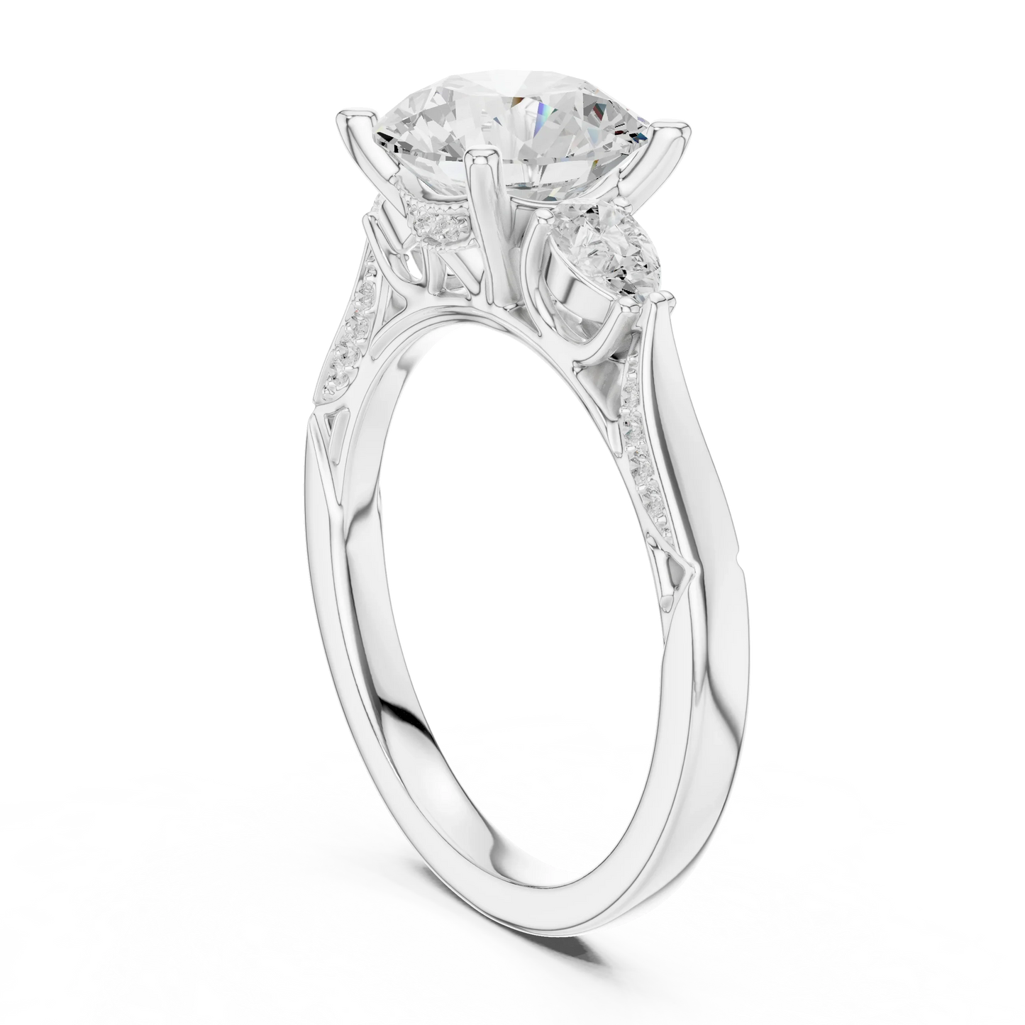 Back view of white gold round three stone ring with pear side stones, pave accents and lab-grown diamonds – Australia