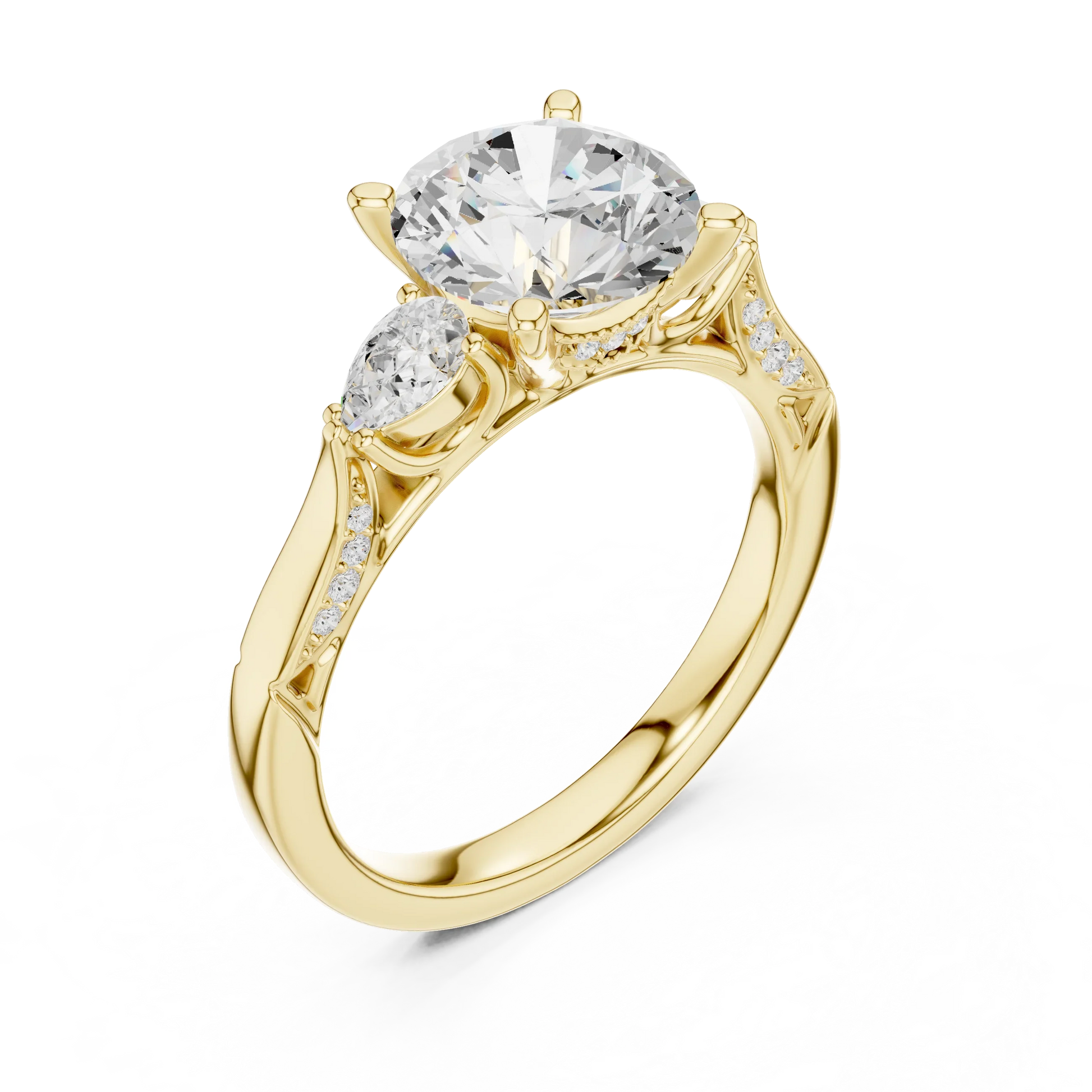 Front view of yellow gold round three stone ring with pear side stones, pave accents and lab-grown diamonds – Australia