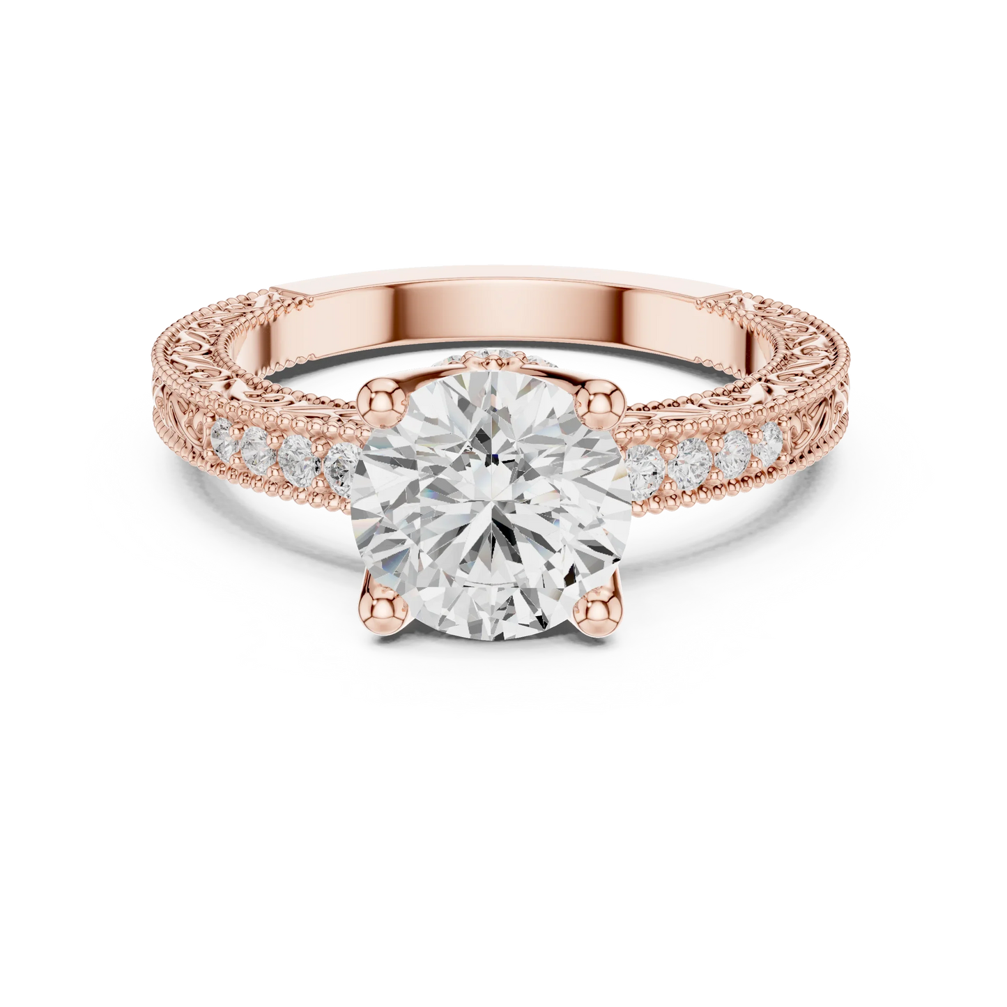 Round vintage filigree ring in rose gold with milgrain, channel set diamond band and lab-grown diamond – Australia