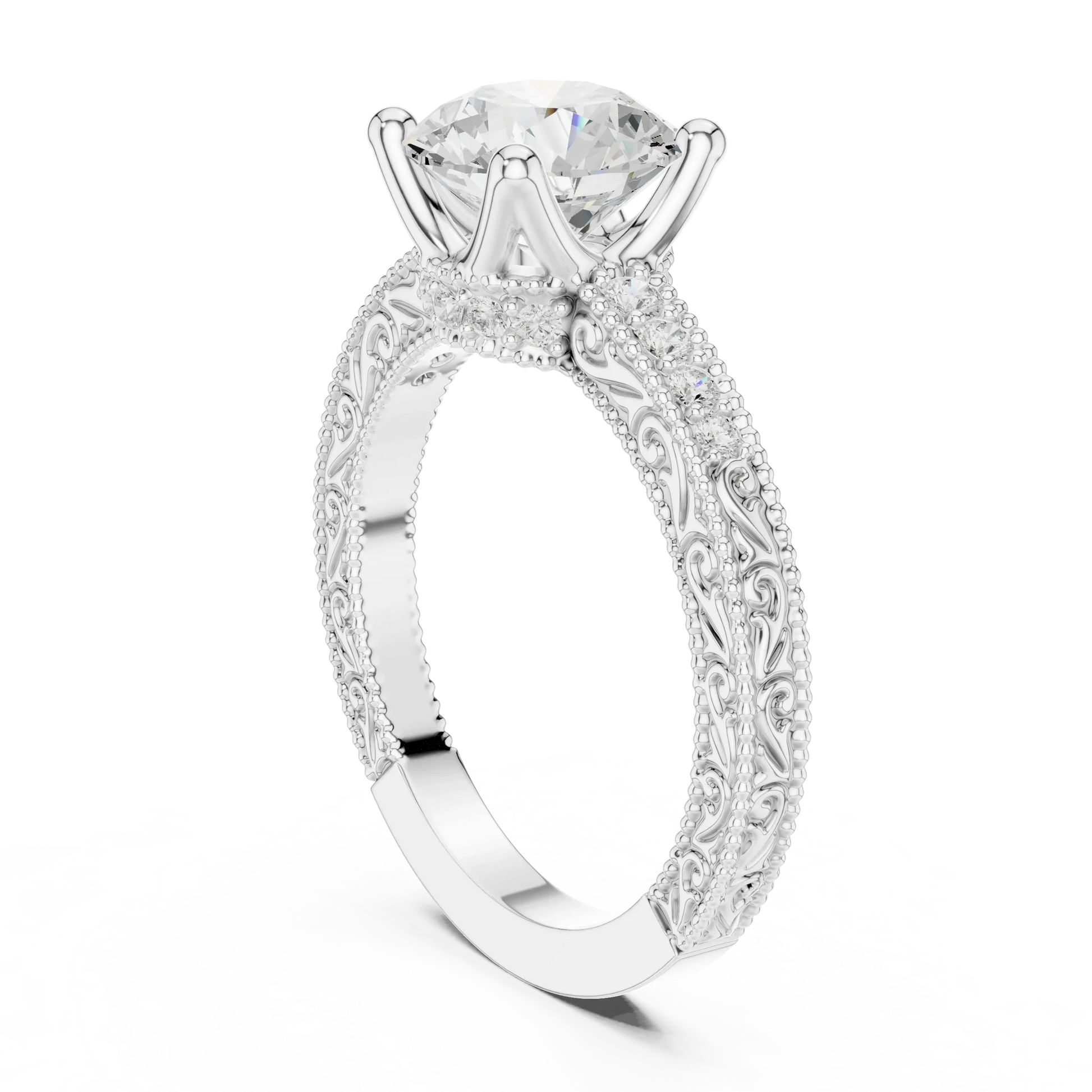 Back view of white gold round vintage filigree ring with milgrain, channel set diamond band and lab-grown diamond – Australia
