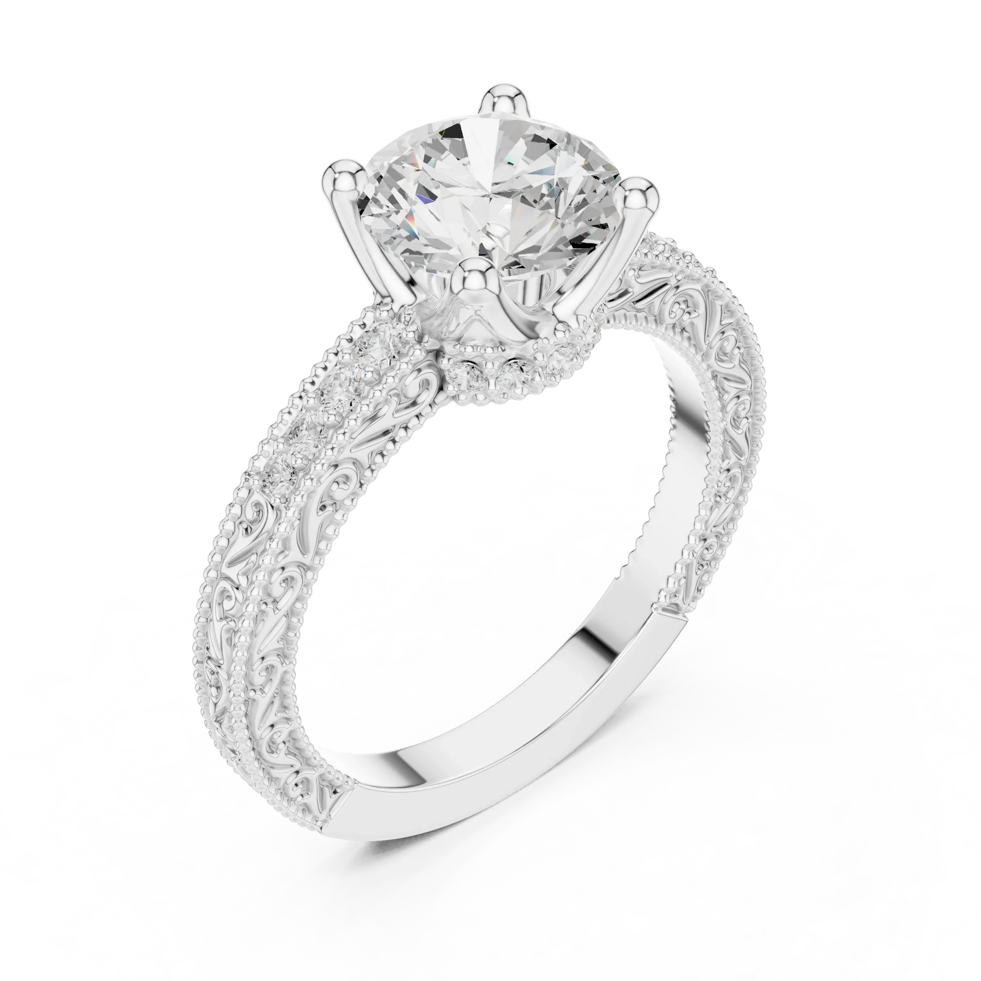 Front view of white gold round vintage filigree ring with milgrain, channel set diamond band and lab-grown diamond – Australia
