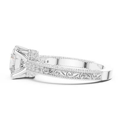 Side view of white gold round vintage filigree ring with milgrain, channel set diamond band and lab-grown diamond – Australia