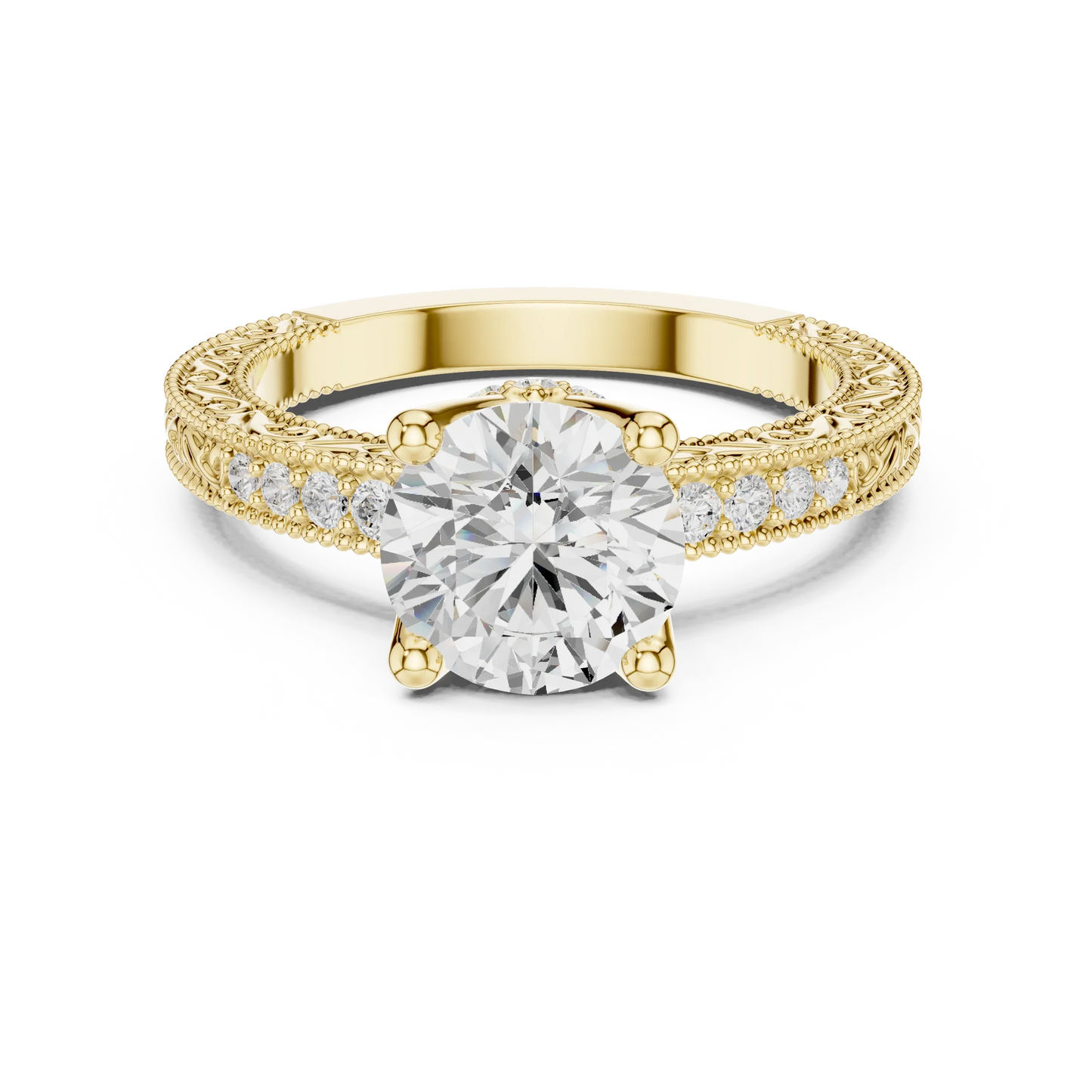 Round vintage filigree ring in yellow gold with milgrain, channel set diamond band and lab-grown diamond – Australia