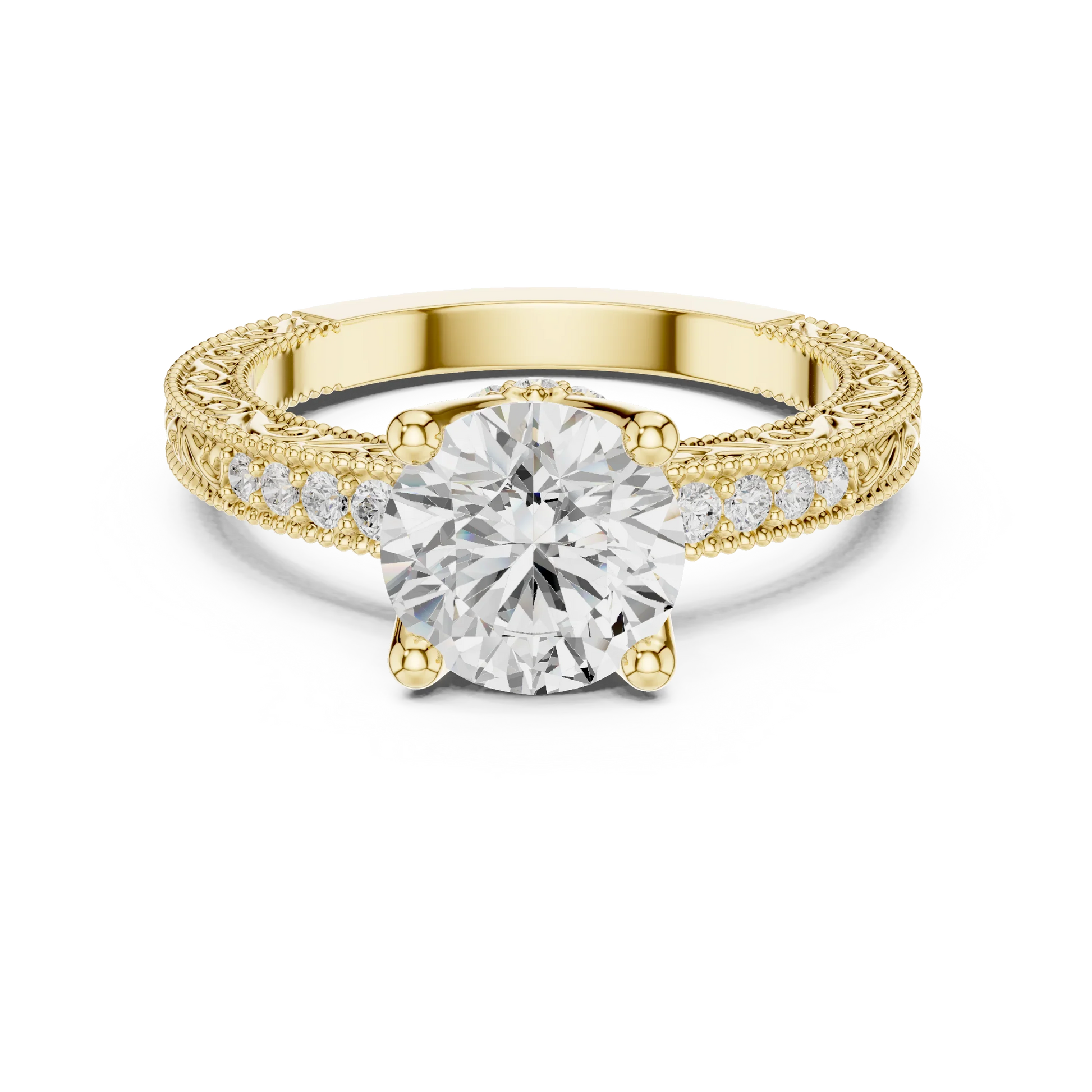 Round vintage filigree ring in yellow gold with milgrain, channel set diamond band and lab-grown diamond – Australia